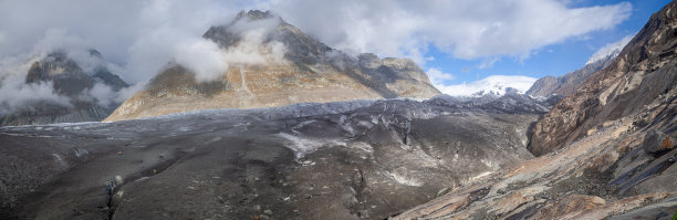 瑞士阿尔卑斯山的阿莱奇冰川全景照片。在瑞士奥尔门霍恩和盖斯霍恩山脉的背景下，巨大的脏冰块图片下载