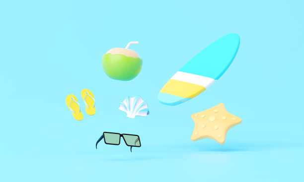 3D渲染暑假，海滩和海洋图标元素对象组，假期背景概念，现实显示产品模型或化妆品与夏季主题。最小可爱的设计。图片下载