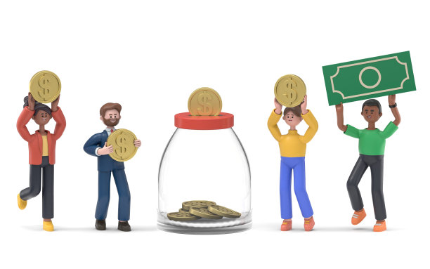 人们为慈善事业捐款。义工收集硬币及钞票放入捐款罐中。财政支持和筹款概念。白底3d渲染。图片下载
