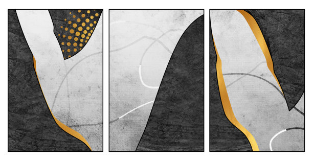 3d画布现代艺术品。金色线条，黑色和灰色背景。一套极简主义的家居墙面装饰图片下载