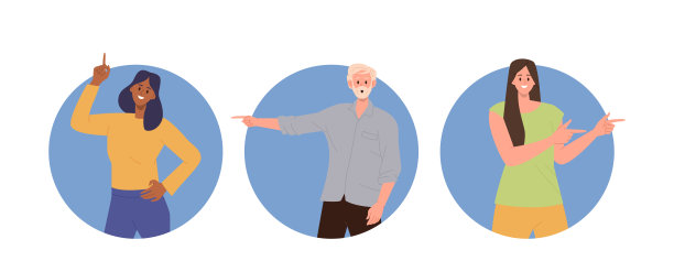 孤立的一组圆形构图，有快乐微笑的人指着食指的卡通人物图片下载