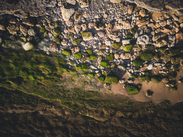 从空中俯瞰大海，沿着葡萄牙海岸的岩石形成纹理和形状图片下载