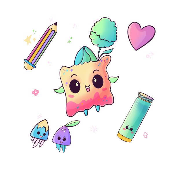 一套有趣的卡哇伊贴纸人物卡通风格手绘插图孤立在一个白色的背景。有着可爱情感的神奇人物图片下载