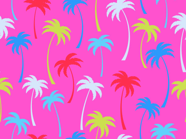 五颜六色的棕榈树图案无缝衔接。热带棕榈树，在粉红色的背景上有不同颜色的弯曲树干。设计印刷t恤，横幅和海报。矢量图图片下载