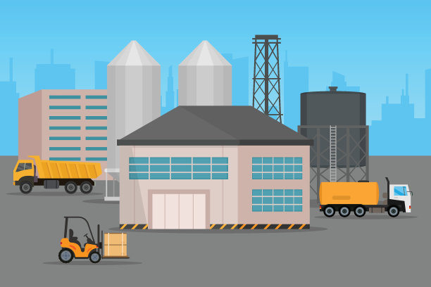 厂房配有卡车、通风系统、叉车图片下载