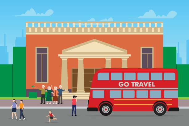 人们在公共汽车旅行。男男女女站在车辆旁边拍照图片下载