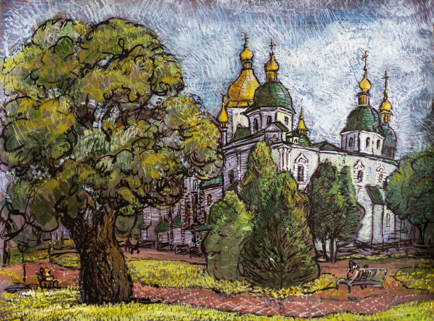 索菲亚基辅斯卡图形手绘插图水彩棕色墨水图片下载