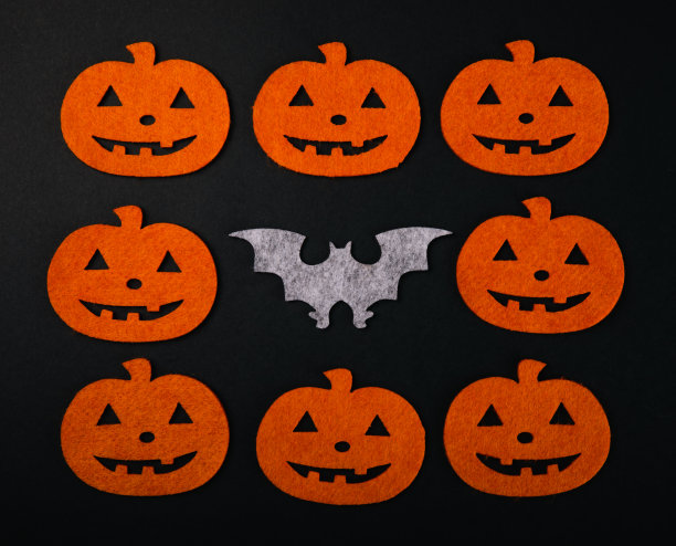 黑色背景上的橙色南瓜和蝙蝠。DIY万圣节装饰。节日卡片。万圣节的节日概念。复制的地方。放文字的地方。前视图。图片下载