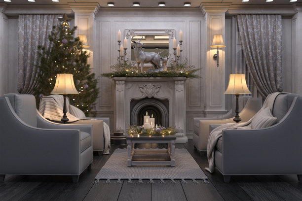 现代休息室与圣诞装饰，3d渲染。图片下载