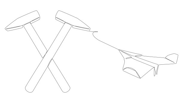 一个连续的纸飞机线与锤子。细线建设插图矢量概念。轮廓画创意。图片下载