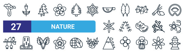 一组27细线自然图标，如猴面包树，剑兰，松树，杨树，落叶松，瀑布，雪道，消防栓矢量图标的移动应用程序，网页设计。图片下载