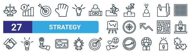 一套27个细线战略图标，如平衡，利润，目标，成功，重点，创新，反应，谜题矢量图标的移动应用程序，网页设计。图片下载