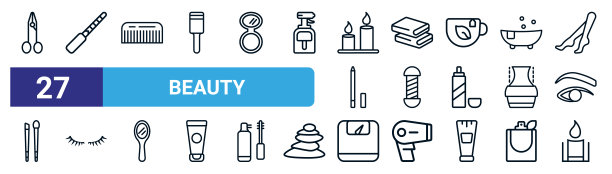 一套27个细线美容图标，如修甲剪刀，修甲，梳子，折叠毛巾，理发店，两根睫毛，大尺度，蜡烛矢量图标用于移动应用程序，网页设计。图片下载