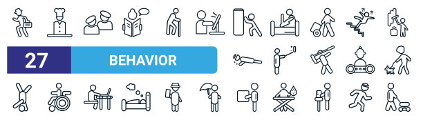 一套27个细线行为图标，如上班，男人做饭，两个朋友，笔记本电脑在床上聊天，男人自拍，男人坐在轮椅上，带着携带，修剪草坪矢量图标移动图片下载