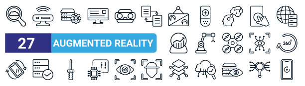 一组27个细线增强现实图标，如后视镜，运动，技术支持，遥控器，机械臂，可用，图层，旋转矢量图标，用于移动应用程序，网页设计。图片下载