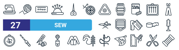 一组27细线缝制图标，如缝纫剪贴画，钩针，针线，羊毛球，口袋，纺织品，针，手工艺品矢量图标移动应用程序，网页设计。图片下载