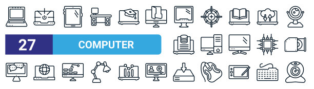 集合了27个细线电脑图标，如打开笔记本电脑，打开笔记本电脑屏幕，平板电子设备，校准，工作站，上网，保存文件，网络摄像头等矢量图标图片下载