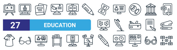 一组27个细线教育图标，如白板，讲座，书籍，计算机培训，钢笔，眼镜，铅笔，异步学习矢量图标，用于移动应用程序，网页设计。图片下载