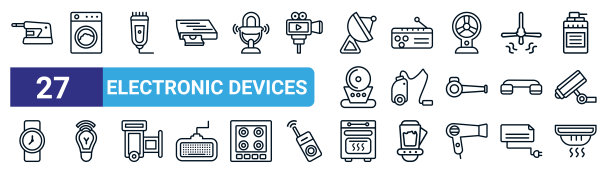一套27个细线电子设备图标，如电动卷笔刀，洗衣机，修剪器，收音机，吸尘器，智能灯，对流烤箱，烟雾探测器矢量图标移动图片下载