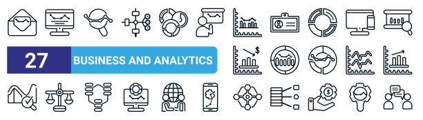 一套27个细线业务和分析图标，如电子邮件分析，分析监控，市场研究，名片，数据循环，法律，六角形互连，咨询矢量图标图片下载