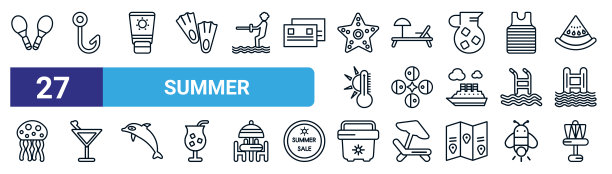 一组27个细线夏季图标，如球拍，鱼和钩子，防晒霜，日光浴床，夏至，酒吧，便携式冰箱，圆盘高尔夫矢量图标，用于移动应用程序，网页设计。图片下载