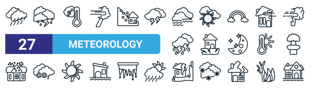 一套27细线气象图标，如毛毛雨，雨和雷，华氏，春天，房屋之间的地面开裂，二氧化碳气体，地震和家庭，洪水的房子矢量图标移动应用程序，图片下载