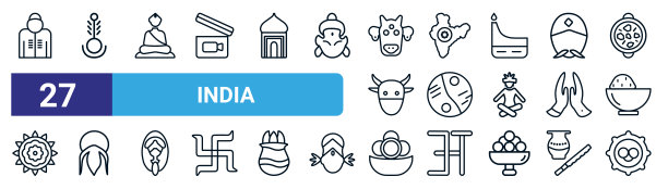 一组27个细线印度图标，如印度母亲，bindi，佛教，印度，sarnaism, guru，汉字vadas，泰卢固语矢量图标，用于移动应用程序，网页设计。图片下载
