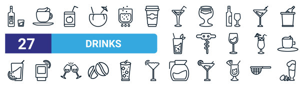 一组27细线饮料图标，如白酒，卡布奇诺，果汁，白兰地酒杯，螺丝，酸橙饮料，水壶，火腿矢量图标移动应用程序，网页设计。图片下载