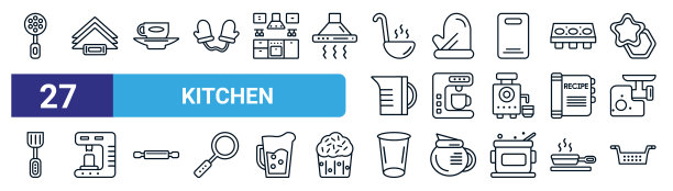 一组27细线厨房图标，如撇脂器，餐巾，碟子，厨房手套，咖啡机，咖啡机，玻璃，糖筛矢量图标用于移动应用程序，网页设计。图片下载