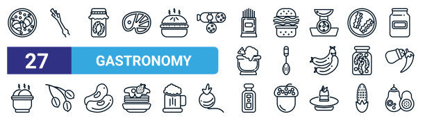 一套27细线美食图标，如牡蛎，韭菜，泡菜，面包，搅拌，醋栗，杜松子酒，冬南瓜矢量图标移动应用程序，网页设计。图片下载