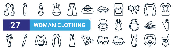 一套27细线女性服装图标，如头发假发与侧，易损坏的别针，香水，香水瓶，比基尼一体式泳衣，眼睛化妆铅笔，眼镜，泳装女性矢量图标图片下载