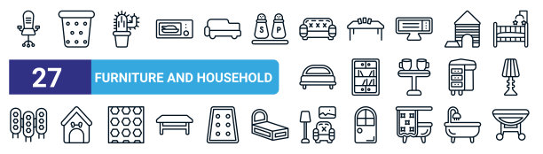 一组27个细线家具和家庭图标，如办公椅，废纸篓，仙人掌，卡桌，架子，狗，客厅，门腿桌矢量图标，用于移动应用程序，网页设计。图片下载