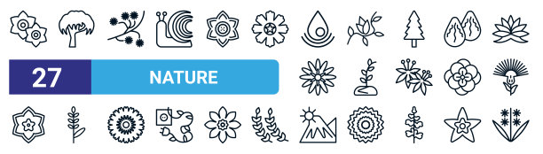 一组27细线自然图标，如水仙，柳树，含羞草，小苍兰，种植植物，薰衣草，山丘，风信子矢量图标移动应用程序，网页设计。图片下载