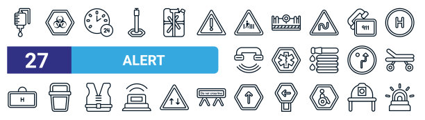 一套27个细线警报图标，如静脉注射，生物危害，24小时，道路封锁，医疗，水桶，前方，警报器矢量图标，用于移动应用程序，网页设计。图片下载