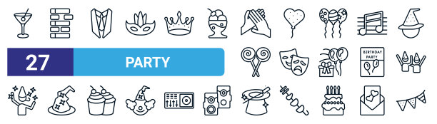 一套27细线派对图标，如马提尼玻璃杯与橄榄，积木，西装和领带，大心脏，剧院面具，巫师帽，魔术师的情况下，派对旗帜矢量图标移动应用程序，网页设计。图片下载