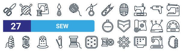 一套27细线缝制图标，如切割工具，针织针，缝纫剪贴画，羊毛，牛仔裤口袋，羊毛，缝纫工具，缝合矢量图标，用于移动应用程序，网页设计。图片下载