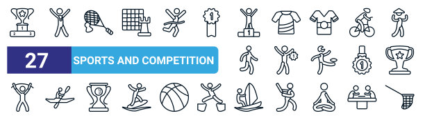 一套27细线运动和比赛图标，如领奖台与杯，冠军，羽毛球拍和羽毛，短袖，男子奖，男子在独木舟，男子帆板，渔网矢量图标图片下载