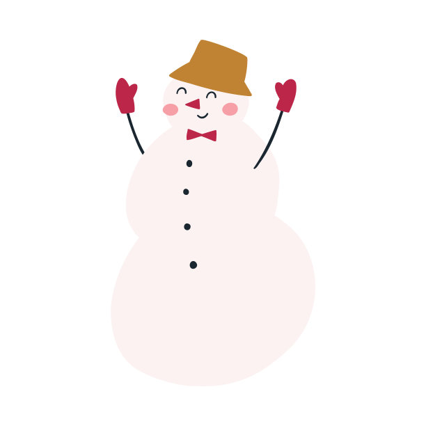 欢快的雪人在帽子，领结和手套，卡通平面矢量插图孤立的白色背景。图片下载