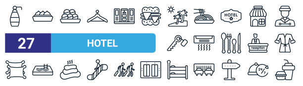 一套27细线酒店图标，如乳液，点心，章鱼烧，意大利面，空调，游泳池，床，餐矢量图标移动应用程序，网页设计。图片下载