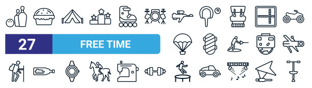 一套27细线空闲时间图标，如保龄球，烘焙，露营，乒乓球，运动，船在一个瓶子里，跳跃，弹簧高跷矢量图标为移动应用程序，网页设计。图片下载