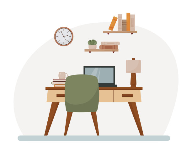 工作室内，平面风格，橱柜，家庭办公室，现代室内，椅子，桌子，书架，书籍，灯，植物，笔记本电脑，马克杯，矢量插图图片下载