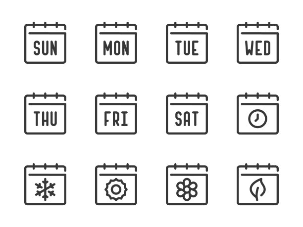 一周的日子和季节矢量线图标。图片下载