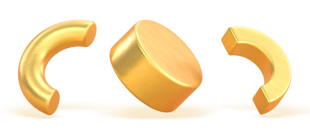 抽象几何黄金3d形状渲染对象。金色圆柱体和半环面元素孤立在白色背景。创意新潮几何图形图标。最小基本管组图片下载