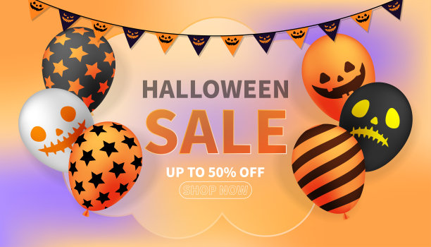 万圣节销售背景与鬼脸气球和节日图片图片下载