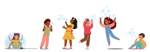 孩子们快乐地追逐和流行闪闪发光的肥皂泡，充满了笑声和奇迹，矢量插图图片下载