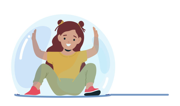 快乐的孩子吹着肥皂泡，眼睛里闪烁着惊奇和笑声，小女孩坐在球体里图片下载