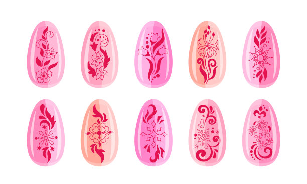 一套指甲艺术贴纸。美甲用鲜花和雪花装饰时尚设计元素。矢量插图。图片下载