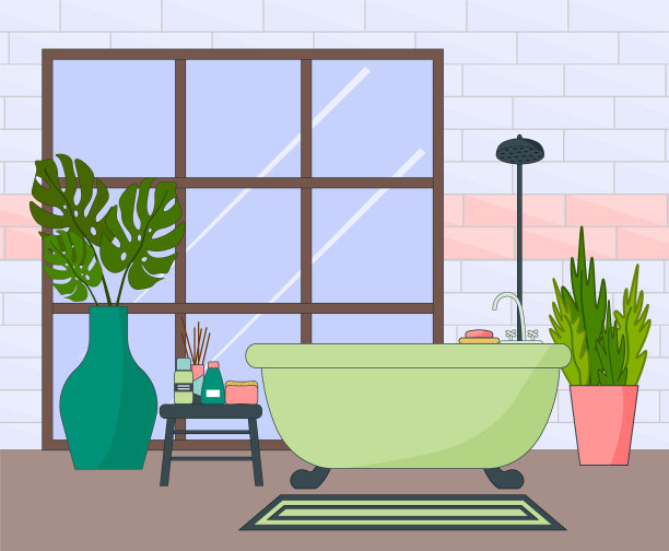 有大窗户的浴室插图。浴室，淋浴产品，植物和一个凳子。图片下载