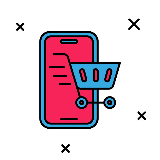 填充轮廓手机和购物车图标孤立的白色背景。网上购物符号。超市篮子的标志。向量图片下载