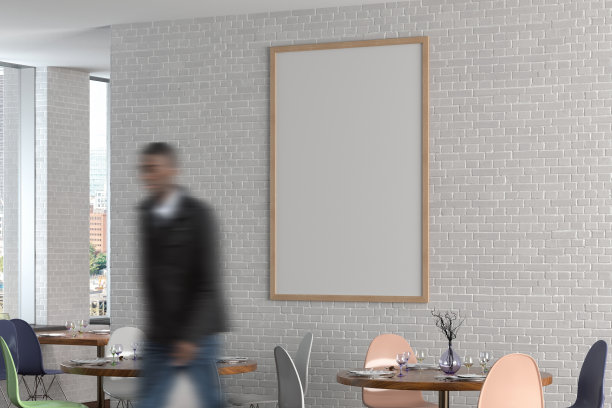咖啡馆或餐厅室内，墙上有空白的海报图片下载
